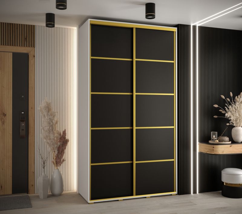 Szafa przesuwna Abiks DAVOS 4 wysoka szer.140cm gł.60cm biały/czarny/złoty 1szt.
