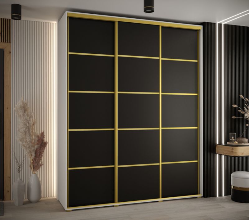 Szafa przesuwna Abiks DAVOS 4 wysoka szer.200cm gł.60cm biały/czarny/złoty 1szt.
