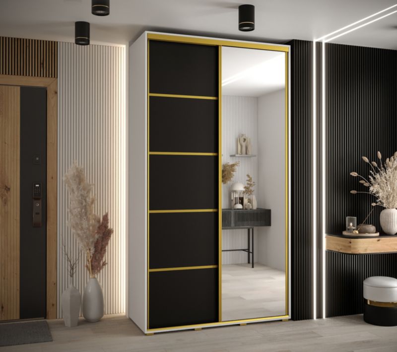 Szafa przesuwna Abiks DAVOS 5 wysoka szer.130cm gł.60cm biały/czarny/złoty 1szt.