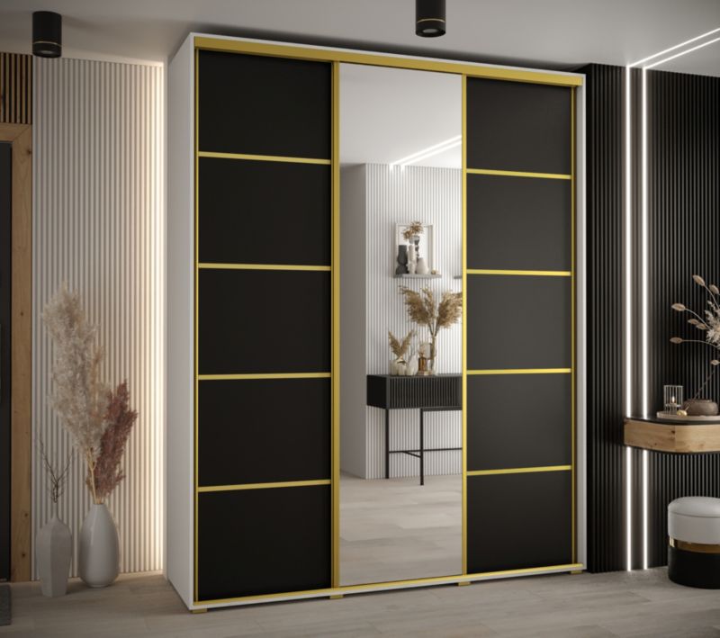 Szafa przesuwna Abiks DAVOS 5 wysoka szer.200cm gł.45cm biały/czarny/złoty 1szt.