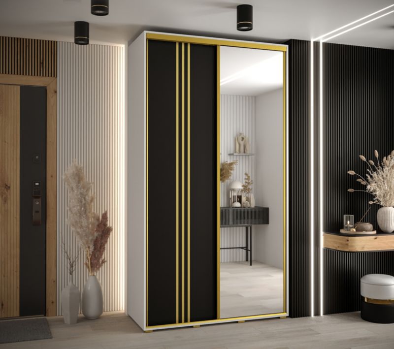 Szafa przesuwna Abiks DAVOS 7 wysoka szer.130cm gł.60cm biały/czarny/złoty 1szt.