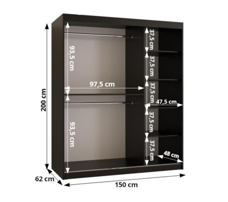Szafa przesuwna z lustrem Garderoba SIMA T2 150 czarny + u. czarny 1 szt.