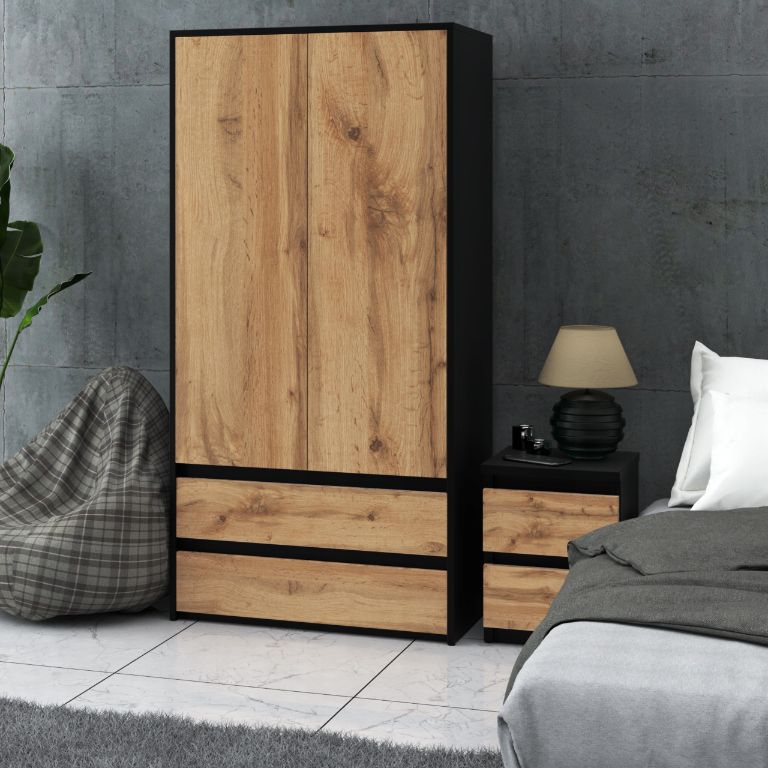Szafa Stiv-Meble Hit 2 Drzwi 2 Szuflady 90Cm Czarny Mat Dąb Wotan 90X50X180 Cm 1Szt.