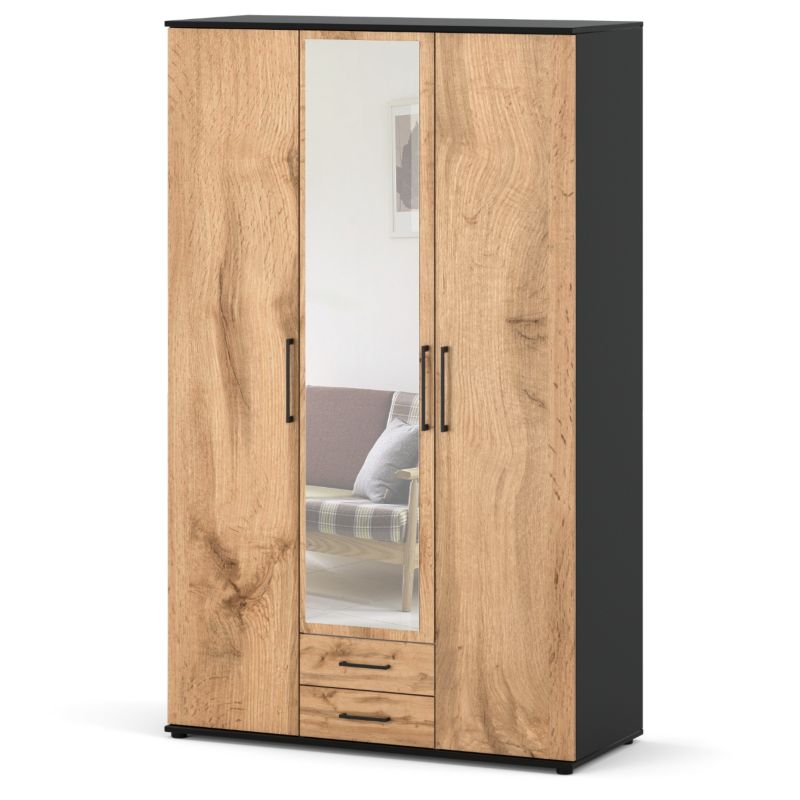 Szafa Stiv-Meble Z Lustrem 120 Cm Czarna Dąb Wotan 3 Drzwi 2 Szuflady 120,2X53,5X196,3 Cm 1 Szt.