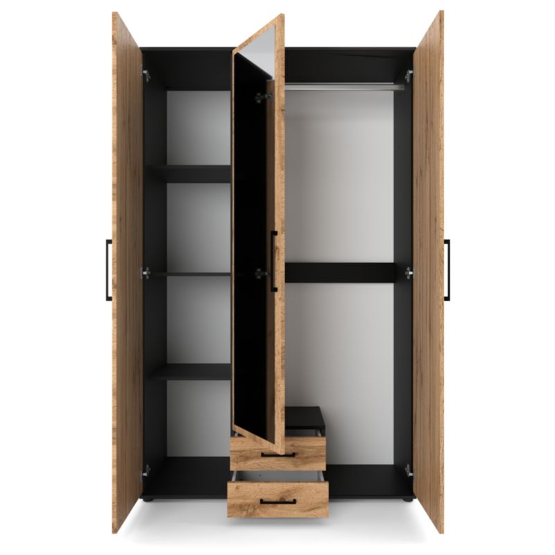 Szafa Stiv-Meble Z Lustrem 120 Cm Czarna Dąb Wotan 3 Drzwi 2 Szuflady 120,2X53,5X196,3 Cm 1 Szt.