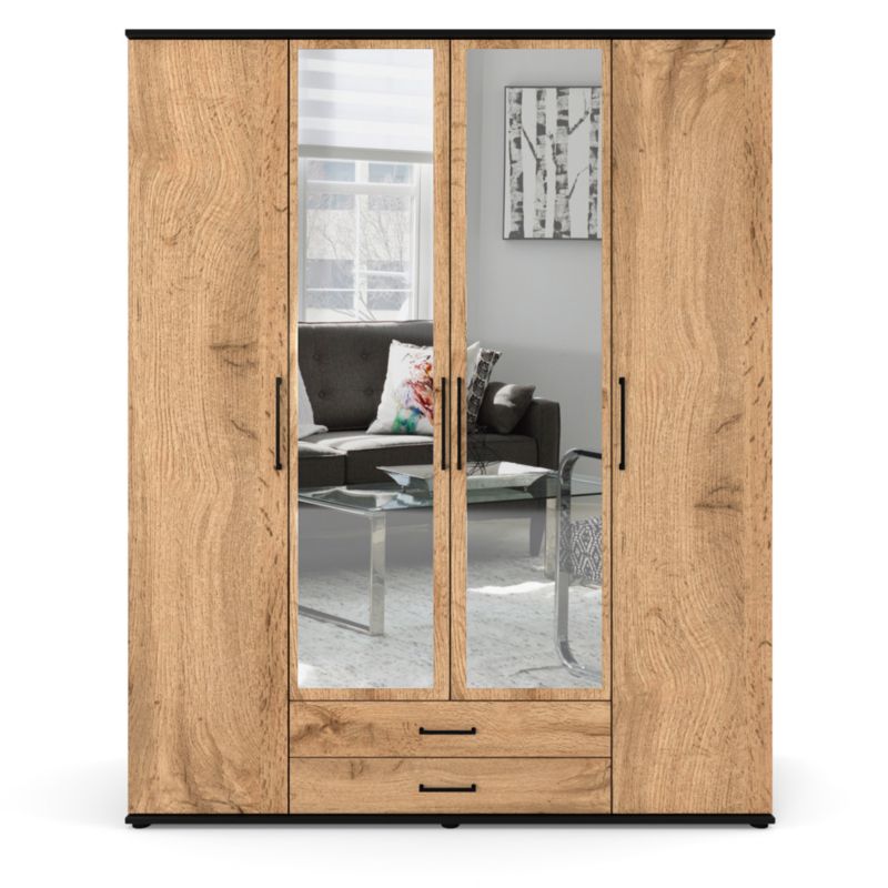 Szafa Stiv-Meble Z Lustrem 160 Cm Czarna Dąb Wotan 4 Drzwi 2 Szuflady 160,2X53,5X196,3 Cm 1 Szt.