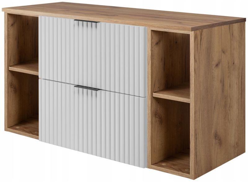 Szafka łazienkowa Furnidea 100 cm wisząca pod umywalkę biała z regałami i blatem dąb craft Flow 1 szt.