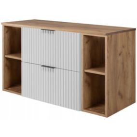 Szafka łazienkowa Furnidea 100 cm wisząca pod umywalkę biała z regałami i blatem dąb craft Flow 1 szt.