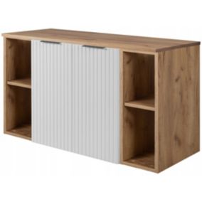 Szafka łazienkowa Furnidea 100 cm wisząca pod umywalkę biała z regałami i blatem dąb craft Flow 1 szt.
