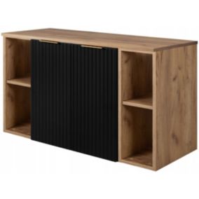 Szafka łazienkowa Furnidea 100 cm wisząca pod umywalkę czarna z blatem i regałami dąb craft złoty Flow 1 szt.