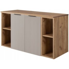 Szafka łazienkowa Furnidea 100 cm wisząca pod umywalkę kaszmir mat z blatem i regałami dąb craft złoty Flow 1 szt.