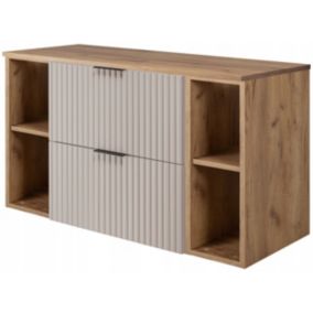 Szafka łazienkowa Furnidea 100 cm wisząca pod umywalkę kaszmir mat z regałami i blatem dąb craft złoty Flow 1 szt.