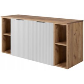 Szafka łazienkowa Furnidea 120 cm wisząca pod umywalkę biała mat z blatami i regałami dąb craft złoty Flow 1 szt.