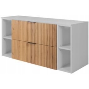 Szafka łazienkowa Furnidea 120 cm wisząca pod umywalkę dąb craft złoty z białym regałem i blatem FLOW 1 szt.