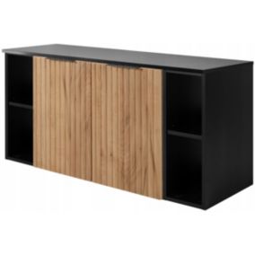 Szafka łazienkowa Furnidea 120 cm wisząca pod umywalkę dąb craft złoty z czarnym blatem i regałami Flow 1 szt.