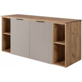 Szafka łazienkowa Furnidea 120 cm wisząca pod umywalkę kaszmir z blatem i regałami dąb craft złoty Flow 1 szt.