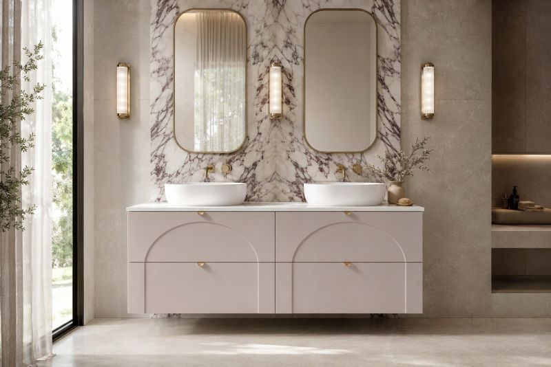 Szafka łazienkowa Furnidea 160 cm kaszmir z blatem biały uchwyt AURA 1 szt.