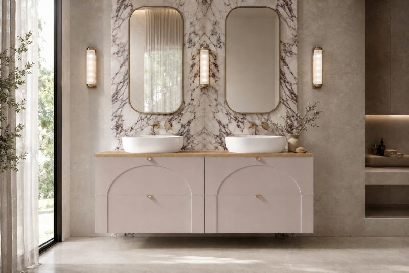 Szafka łazienkowa Furnidea 160 cm kaszmir z blatem dąb craft uchwyt AURA 1 szt.