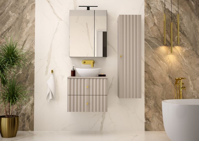 Szafka łazienkowa Furnidea 60 cm kaszmir z blatem ryflowane fronty złote uchwyty Aqua 1 szt.