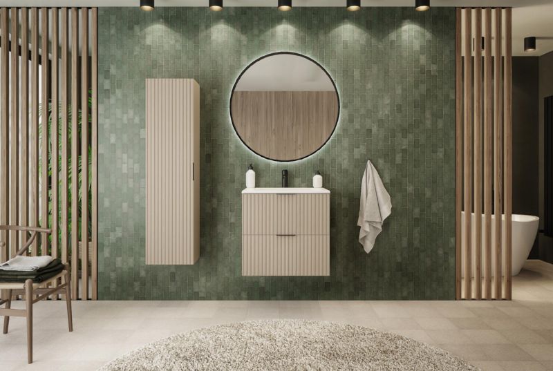 Szafka łazienkowa Furnidea 60 cm wisząca ryflowana 2 szuflady kaszmir Flow z blatem 1 szt.