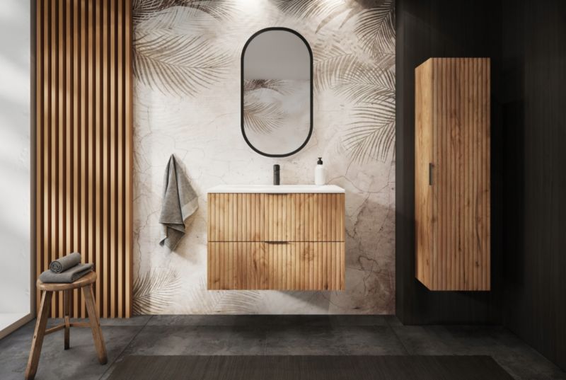 Szafka łazienkowa Furnidea 60 cm wisząca z blatem dąb craft złoty Flow 2 szuflady 1 szt.