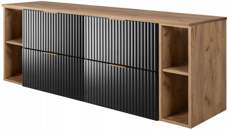 Szafka łazienkowa Furnidea czarna 160 cm wisząca z regałami  blat dąb craft złoty Flow 1 szt.