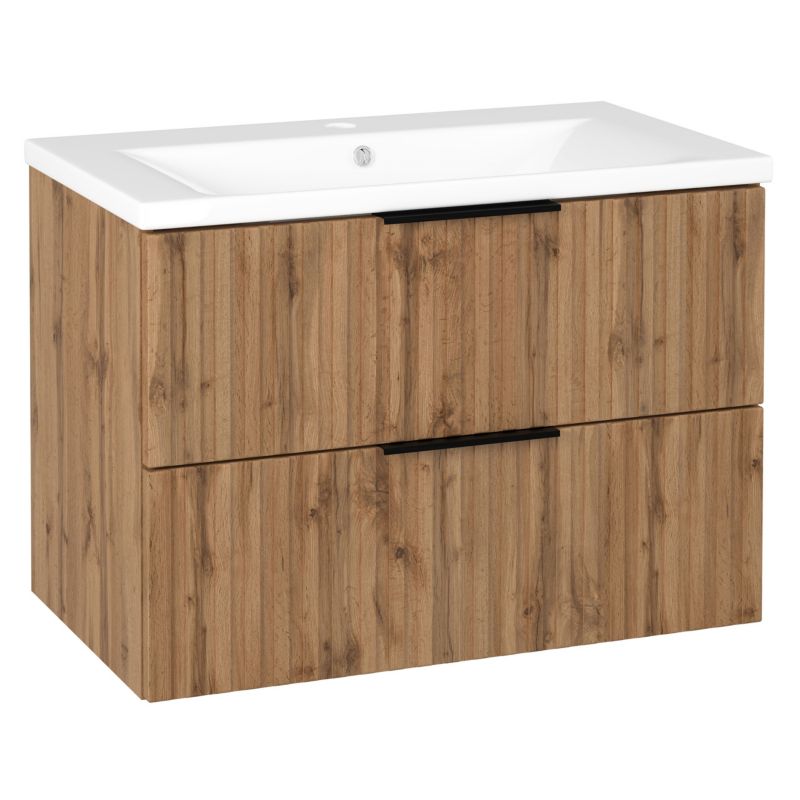 Szafka łazienkowa z umywalką ceramiczną MyFurni 80 cm dąb wotan, wisząca, ryflowana 1 kpl.