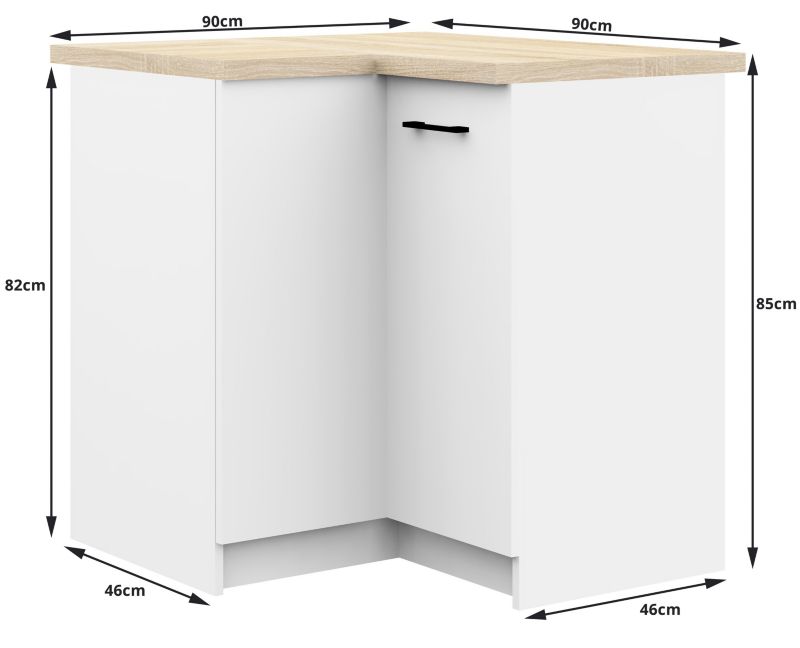 Szafka kuchenna Akord S90 narożna z blatem system Oliwia Biała 90 cm 2 drzwi kolor Biały mat 2 półki 90x46x85 cm 1 szt.