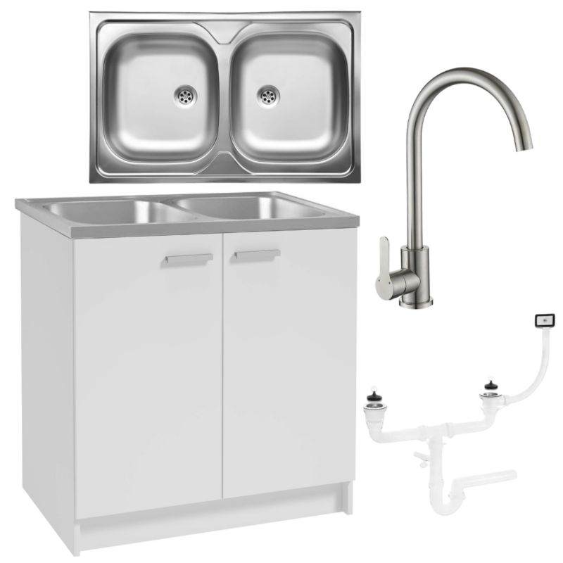 Szafka Kuchenna Stamar Biała 800x500 mm Zlew 2 Komory Bateria Wysoka Chrom Syfon 1 szt