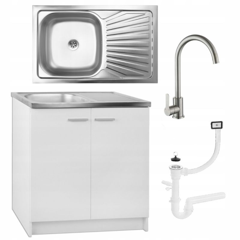 Szafka Kuchenna Stamar Biała 800x500mm Zlew Bateria Wysoka Chrom Syfon Mocowania 1 szt
