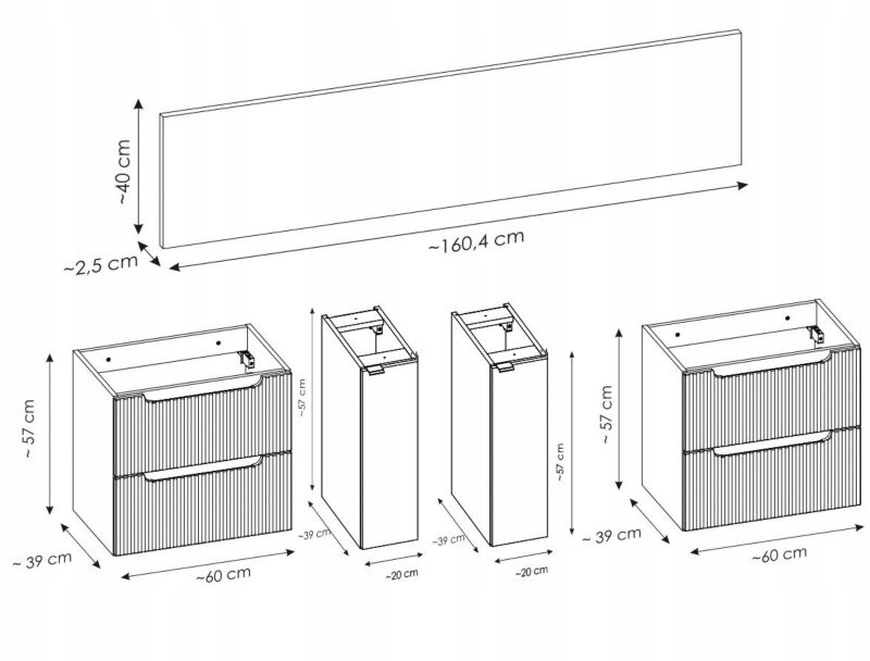 Szafka pod Umywalkę łazienkowa Furnidea 160 cm Wisząca z Blatem Czarny Nova Black Czarna Ryflowane Fronty 2 Drzwi 4 Szuflady 1 szt