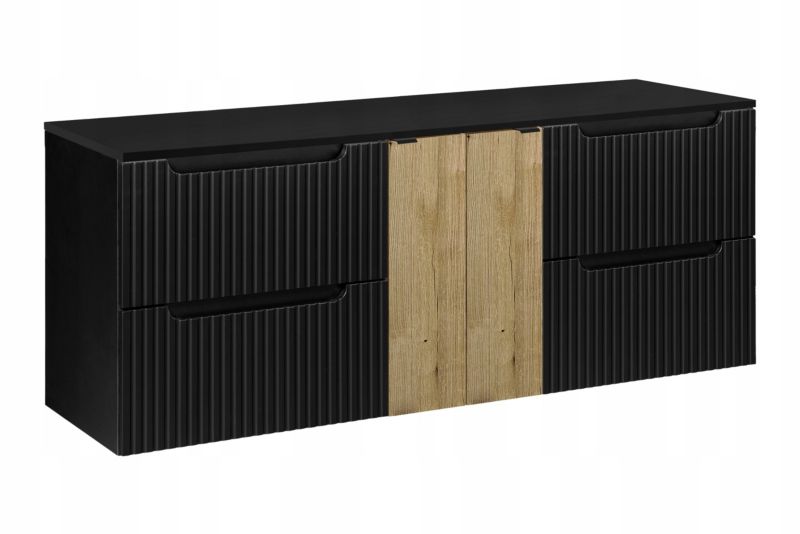 Szafka pod Umywalkę łazienkowa Furnidea 160 cm Wisząca z Blatem Czarny Nova Black Czarna Ryflowane Fronty 2 Drzwi 4 Szuflady 1 szt
