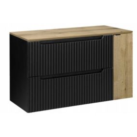 Szafka pod umywalkę łazienkowa Furnidea Nova Black czarna ryflowana 100 cm z blatem dąb 1 drzwi 2 szuflady 1 szt.
