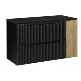 Szafka pod umywalkę łazienkowa Furnidea Nova Black czarna ryflowana 100 cm z blatem dąb 1 drzwi 2 szuflady 1 szt
