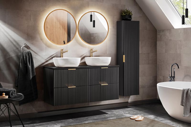 Szafka pod umywalkę Furnidea 120 cm czarna ryflowana z koszem na pranie Adel 1 szt.