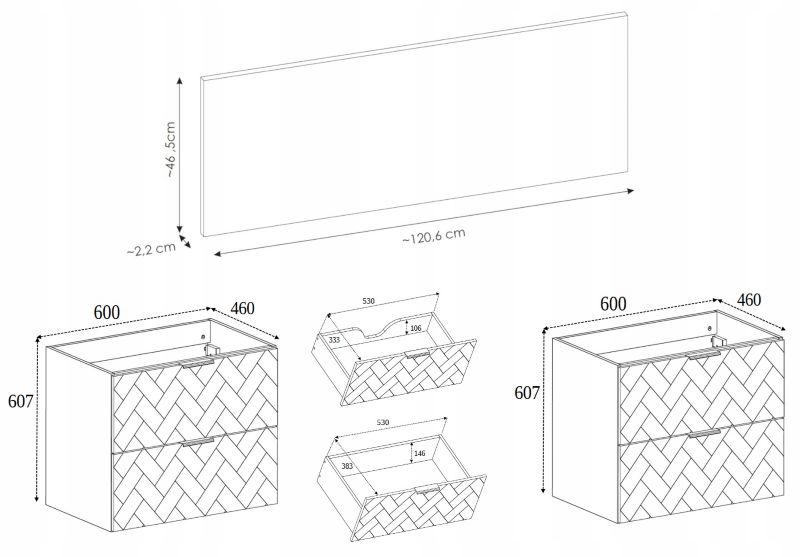 Szafka pod umywalkę Furnidea 120 cm czarna wisząca z blatem dąb wotan frezowane szuflady Trend 1 szt.