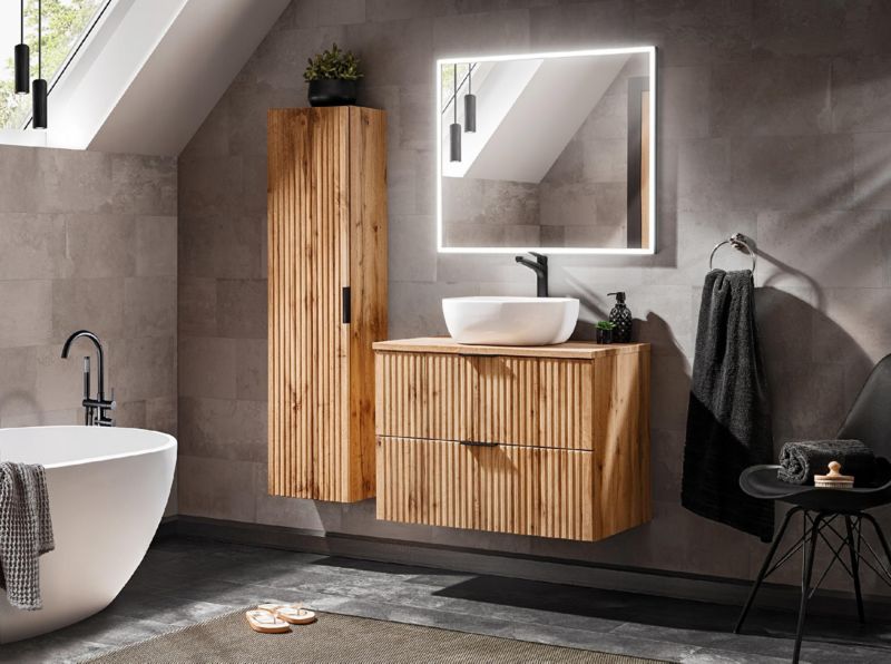 Szafka pod umywalkę Furnidea 120 cm dąb Wotan ryflowana z koszem na pranie Adel 1 szt.