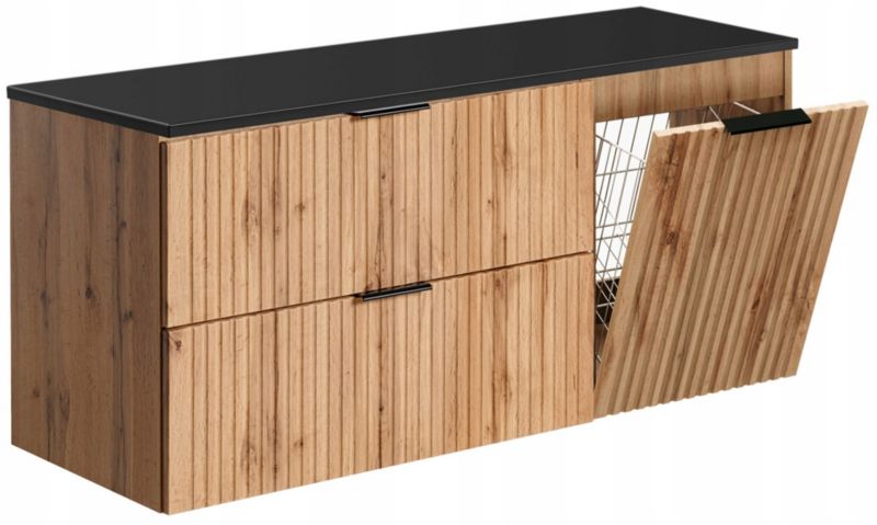 Szafka pod umywalkę Furnidea 120 cm ryflowana z koszem na pranie dąb Wotan z blatem czarnym Adel 1 szt.