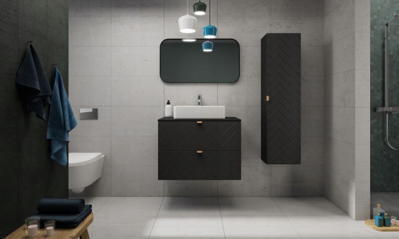 Szafka pod umywalkę Furnidea 160 cm czarna wisząca z blatem dąb wotan frezowane szuflady Trend 1 szt.
