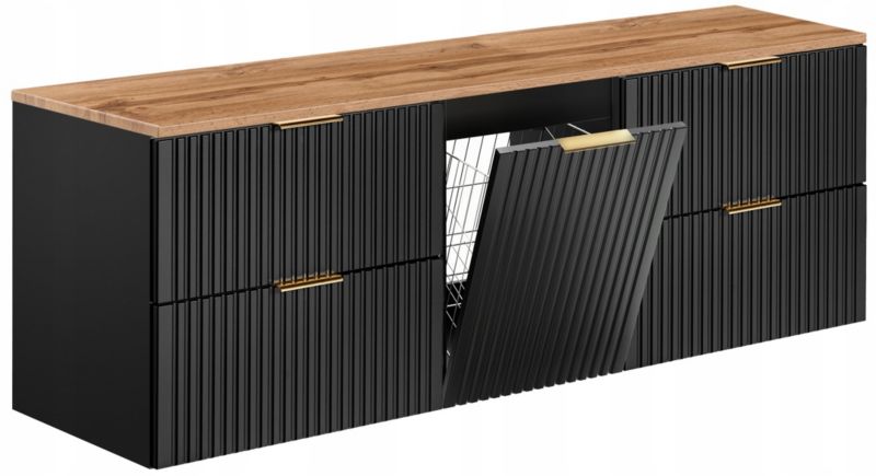Szafka pod umywalkę Furnidea 160 cm ryflowana czarna z blatem dąb Wotan Adel 1 szt.