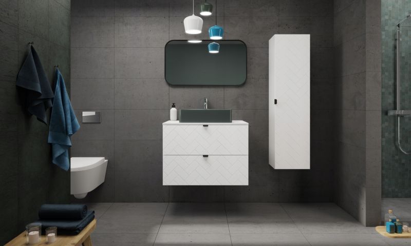 Szafka pod umywalkę Furnidea 60 cm biała wisząca z blatem dąb wotan frezowane szuflady Trend 1 szt.