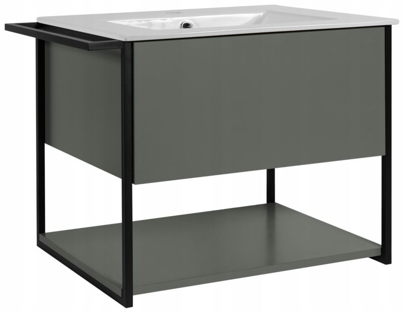 Skříňka pod umyvadlo Furnidea, 60 cm, závěsná, lakovaná, zelená pololesklá, s bílým umyvadlem LOV, 1 ks.