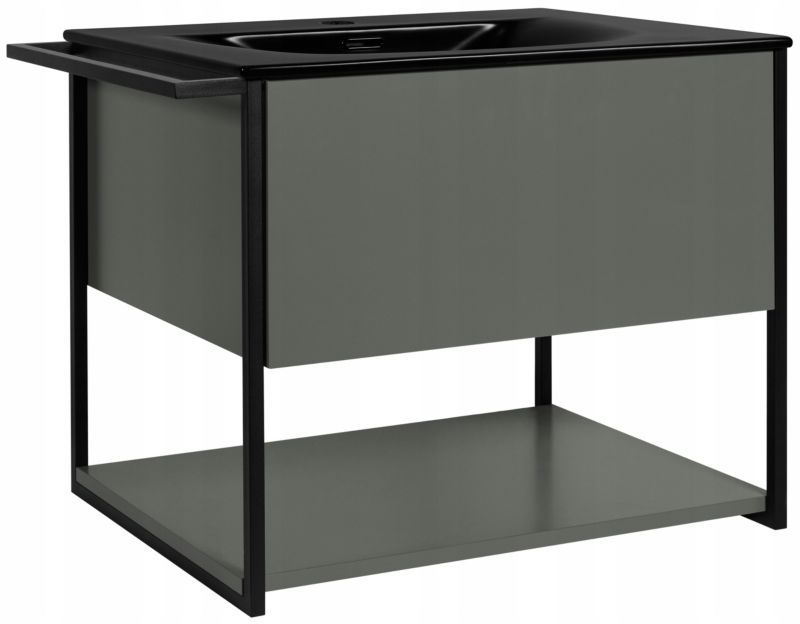 Skříňka pod umyvadlo Furnidea, 60 cm, závěsná, lakovaná, zelená pololesklá, s černým umyvadlem LOV, 1 ks.