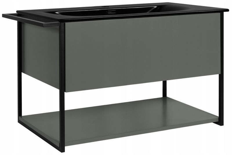 Skříňka pod umyvadlo Furnidea, 80 cm, závěsná, lakovaná, zelená pololesklá, s černým umyvadlem LOV, 1 ks.