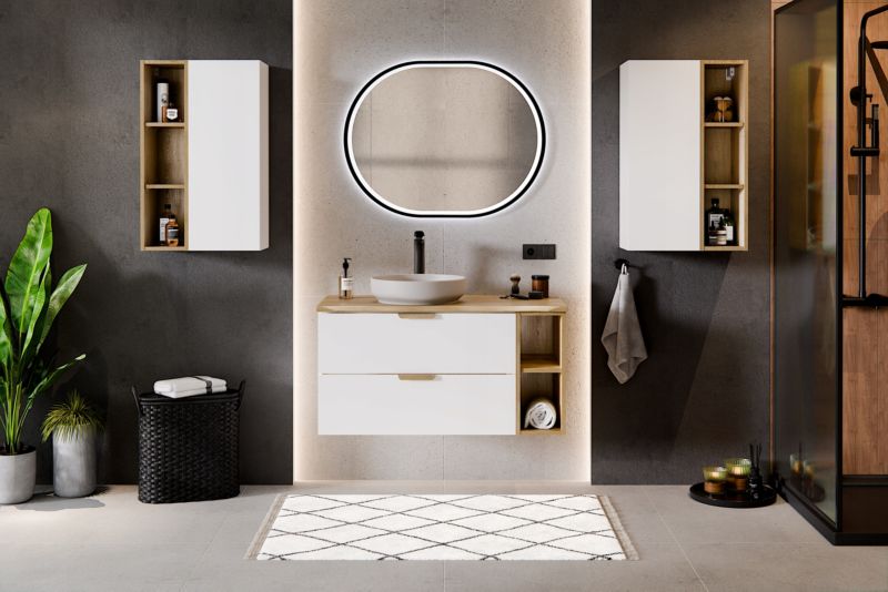 Szafka pod umywalkę Furnidea 80 cm z blatem biały mat dąb Cremona Aster 1 szt.