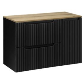 Szafka pod umywalkę Furnidea Nova Black czarna z blatem dąb 90 cm ryflowana 2 szuflady 1 drzwi 1 szt.
