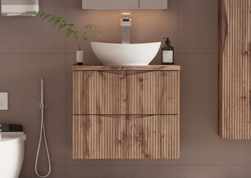 Szafka pod umywalkę z blatem Furnidea 60 cm wisząca dąb wotan ryflowane fronty zestaw CLEO 1 szt.
