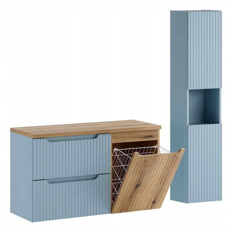 Szafka pod umywalkę z koszem i słupek Furnidea 100 cm denim dąb Coast Evoke Nova zestaw