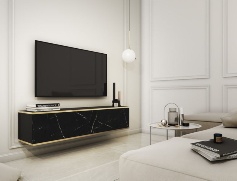 Szafka RTV MINIO go for it ORINO 135 cm czarna/czarny marmur ze złotymi detalami ,1 szt.