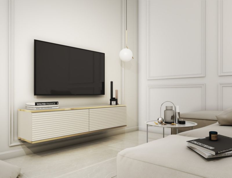 Szafka RTV MINIO go for it ORINO MDF 135 cm beżowa ze złotymi detalam ,1 szt.